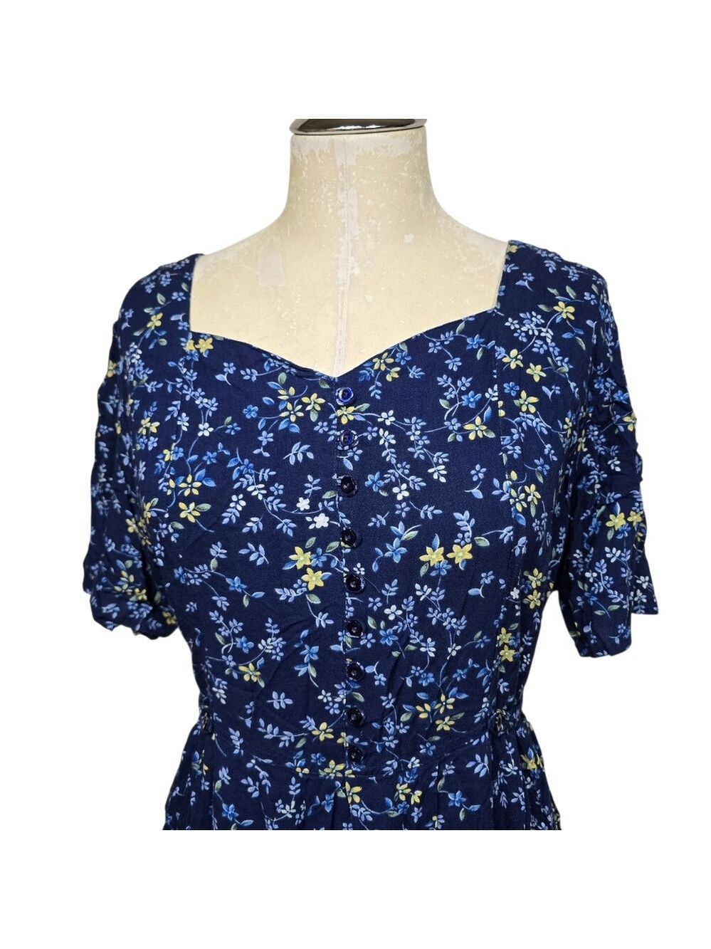 Erika II Studio Vintage Floral Sweetheart Dress XL Blue Yellow Short Sleeves - Picture 2 of 8